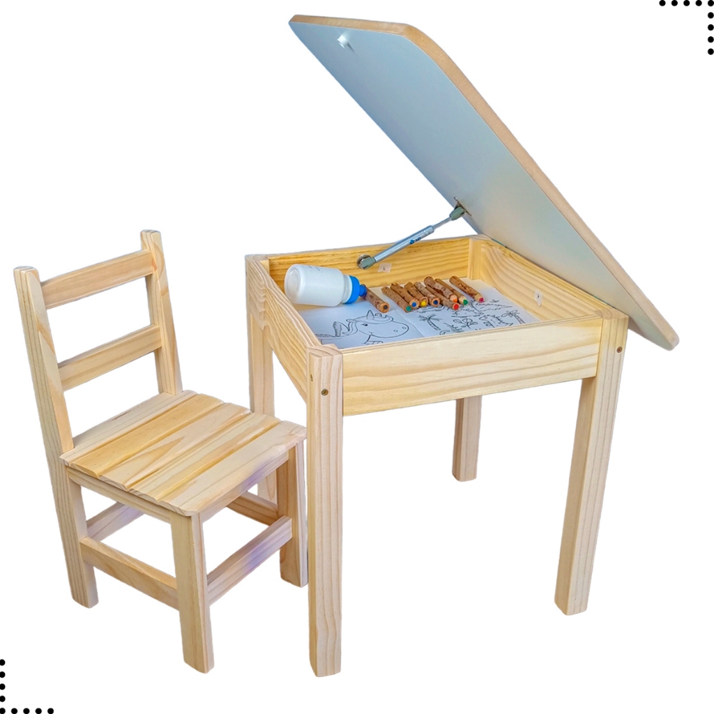 Conjunto Mesa Baú Quadrada Infantil Madeira Maciça Resistente 1 Cadeira Cadeirinha