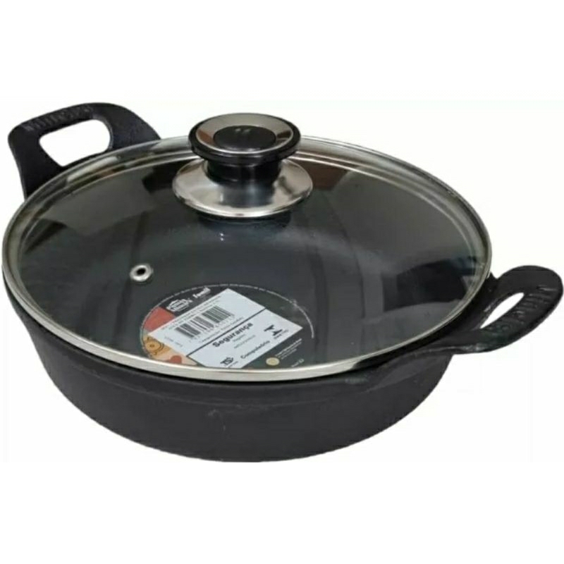 Frigideira Ferro 22cm Com Tampa Vidro Para Fogão Indução,  a Gás,  Forno e Churrasqueira