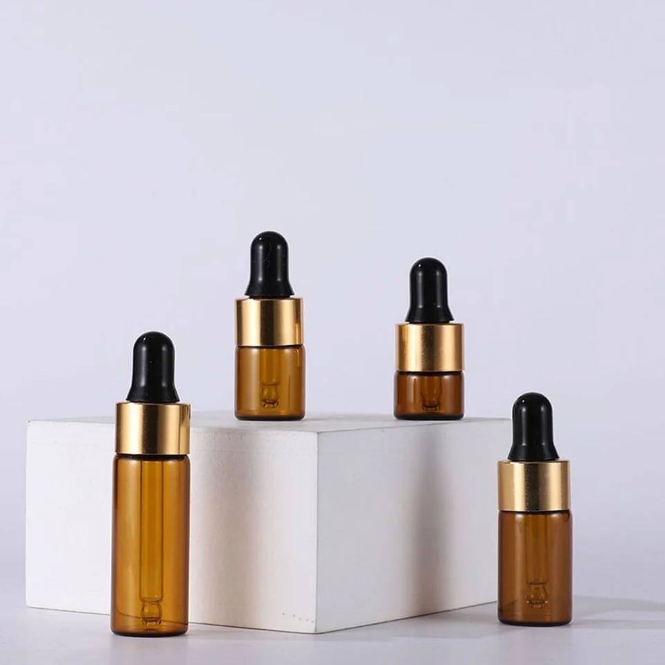 VIDRO ÂMBAR CONTA GOTA COM BULBO E CANULA 1ml/3ml/5ml  / Tampa Dourada e Prata