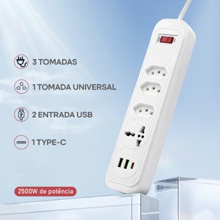 Régua de Energia 4 Tomadas 2 Interfaces USB 1 Porta Tipo-C 1 Tomada Universal 1,90M - A630