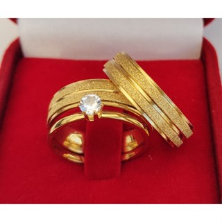 Par Aliança e Anel Solitário 6mm Larga 3 Frizos Ouro