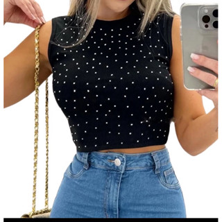 cropped brilho Ribana canelado top com Strass modinha