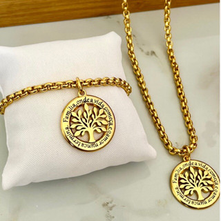 Conjunto colar e pulseira feminino com pingente árvore da vida.