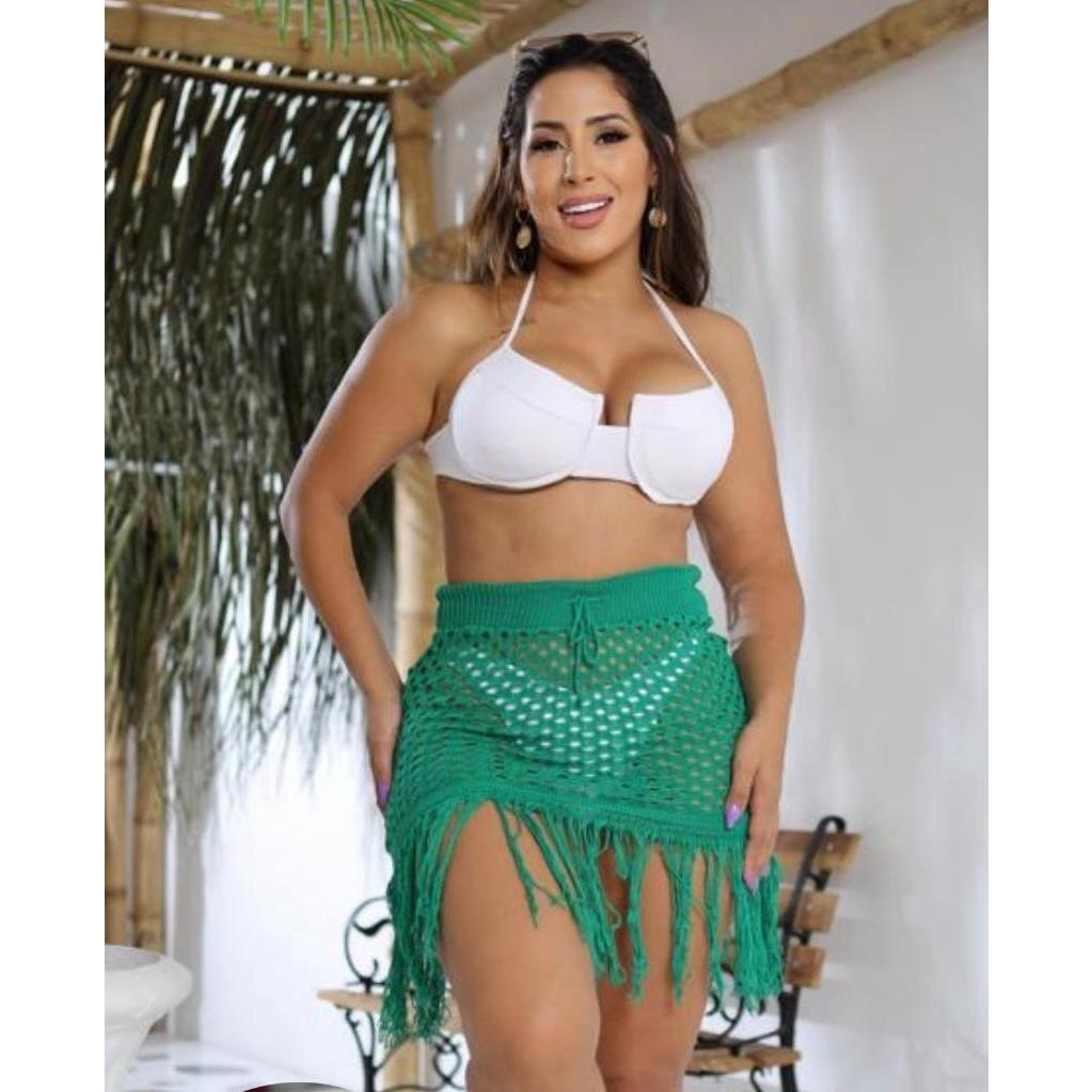 Saída de Praia Saia Franja Moda Blogueira Verão Em Tricot