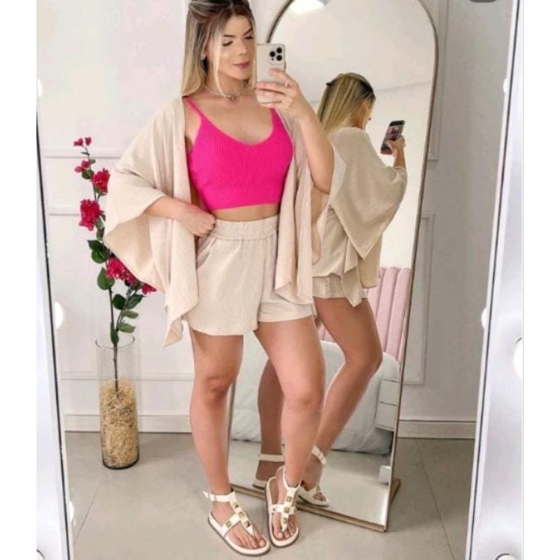 Conjunto femenino kimono+ short  2 peças verão  Moda blogueira em Oferta na Shopee
