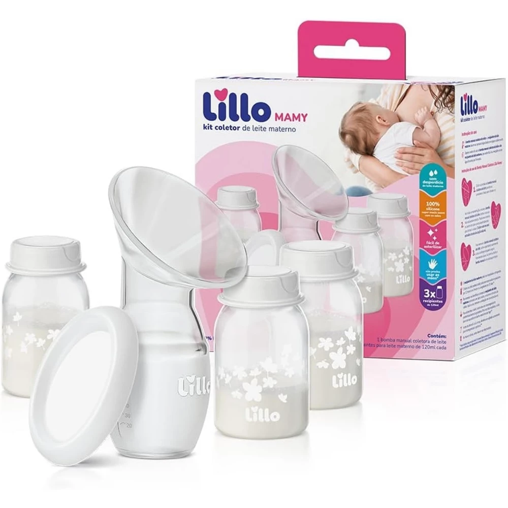 Kit Coletor Bomba Coletora de Leite Materno Silicone 3 Frascos 120ml Lillo Mamy