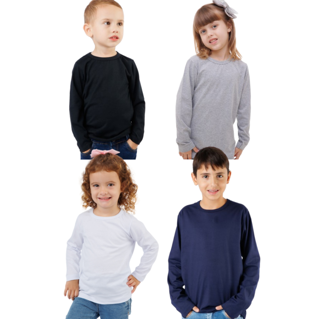 Kit 4 Blusas Manga Comprida Meia Malha 100% Algodão Unissex 4 ao 14