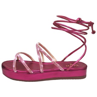 Sandália Papete Feminina Birken com Tiras de Amarrar Flatform Metalizada com Strass Rasteira Confortável Ref. 30/19