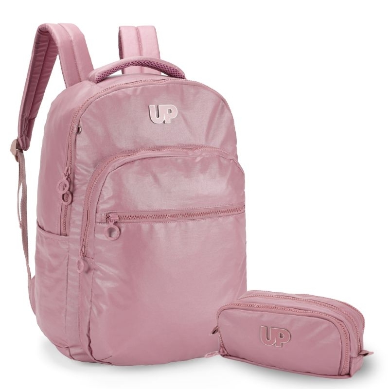 Mochila Escolar Notebook + Estojo Triplo Rosê Metalizado Glow Up4You Larissa Manoela - Luxcel