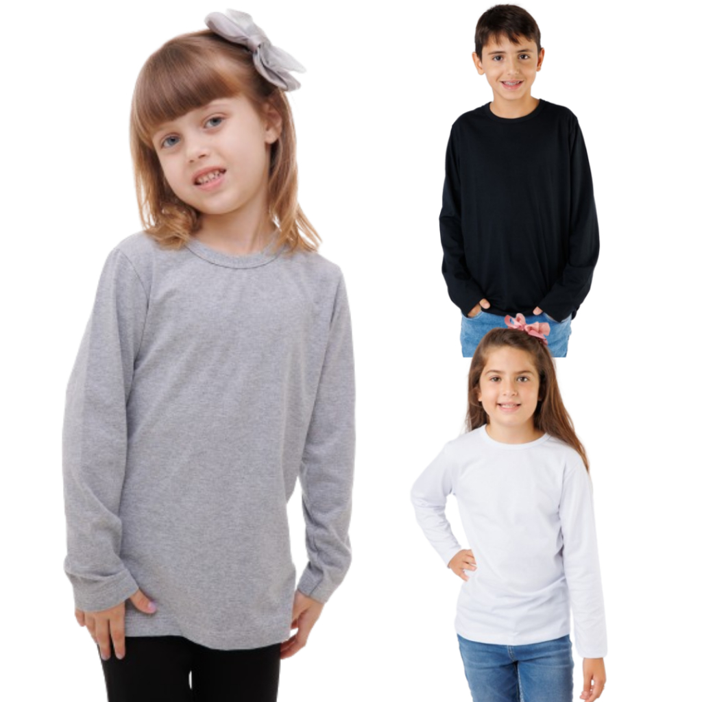 Kit 3 Blusa Manga Comprida Meia Malha 100% Algodão Unissex 4 ao 14 em Oferta na Shopee