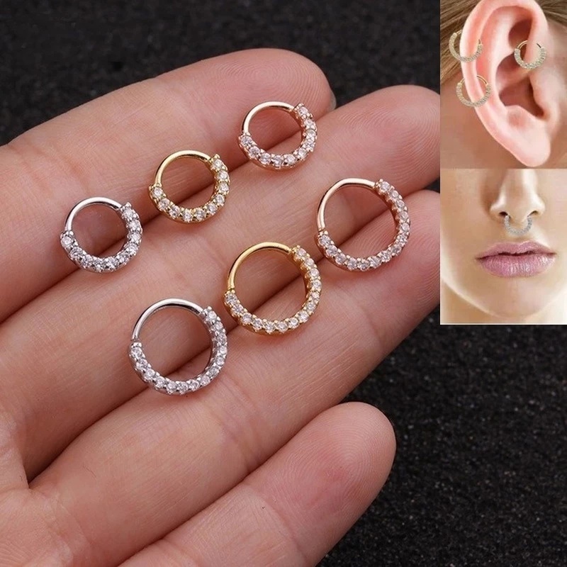 1Pç Piercing cravejado zirconia septo tragus hélice nariz orelha cartilagem piercing argola torção prateado dourado em Oferta na Shopee