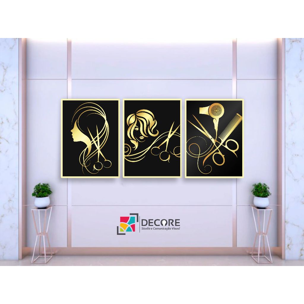 quadro decorativo salão de beleza linda decoração dourada mulher fashion em Oferta na Shopee