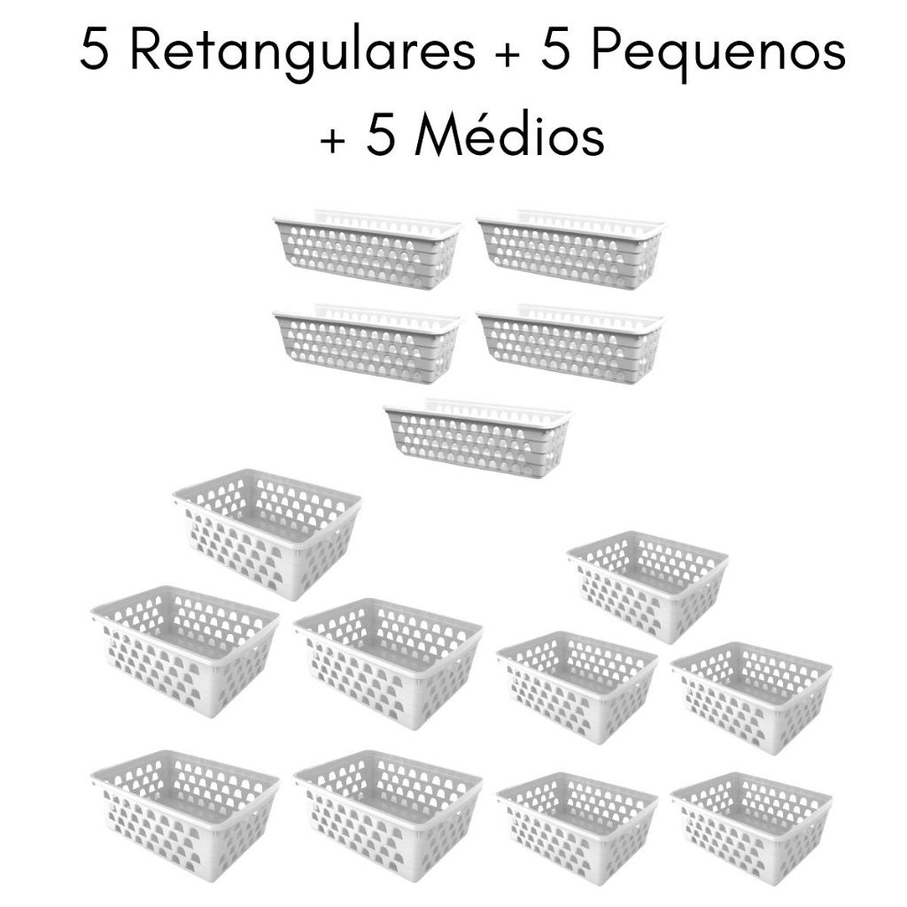 Kit 15 Cestos Organizadores 5 Retangulares + 5 Médios + 5 Pequenos Branco