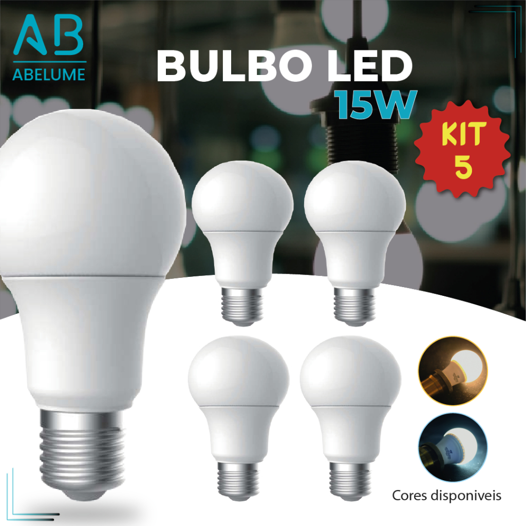 Kit 5 Lâmpadas Led Bulbo 15w Branco Frio 6.500K (Luz Branca) | Branco Quente 3.200K (Luz Amarela) |  Bivolt E27 em Oferta na Shopee