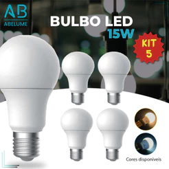 Kit 5 Lâmpadas Led Bulbo 15w Branco Frio 6.500K (Luz Branca) | Branco Quente 3.200K (Luz Amarela) | Bivolt E27