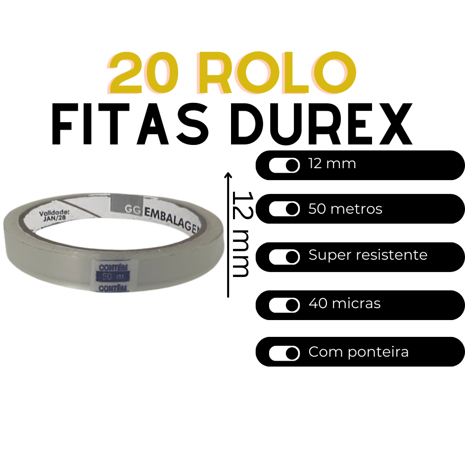 Kit 20 fitas adesiva transparente fina Rolo 12mm x 50m - Pacote 20un — imagem 2 de 2