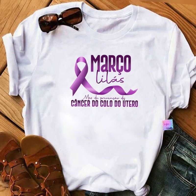 T-Shirt Baby look Feminina/Março Lilás Conscientização sobre o Câncer de Colo do Útero/Março Lilás e Azul Marinho em Oferta na Shopee