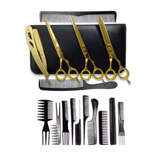 Kit 3 Tesoura Fio Laser Fio Navalha Desfiadeira Navalha + 10 Pentes
