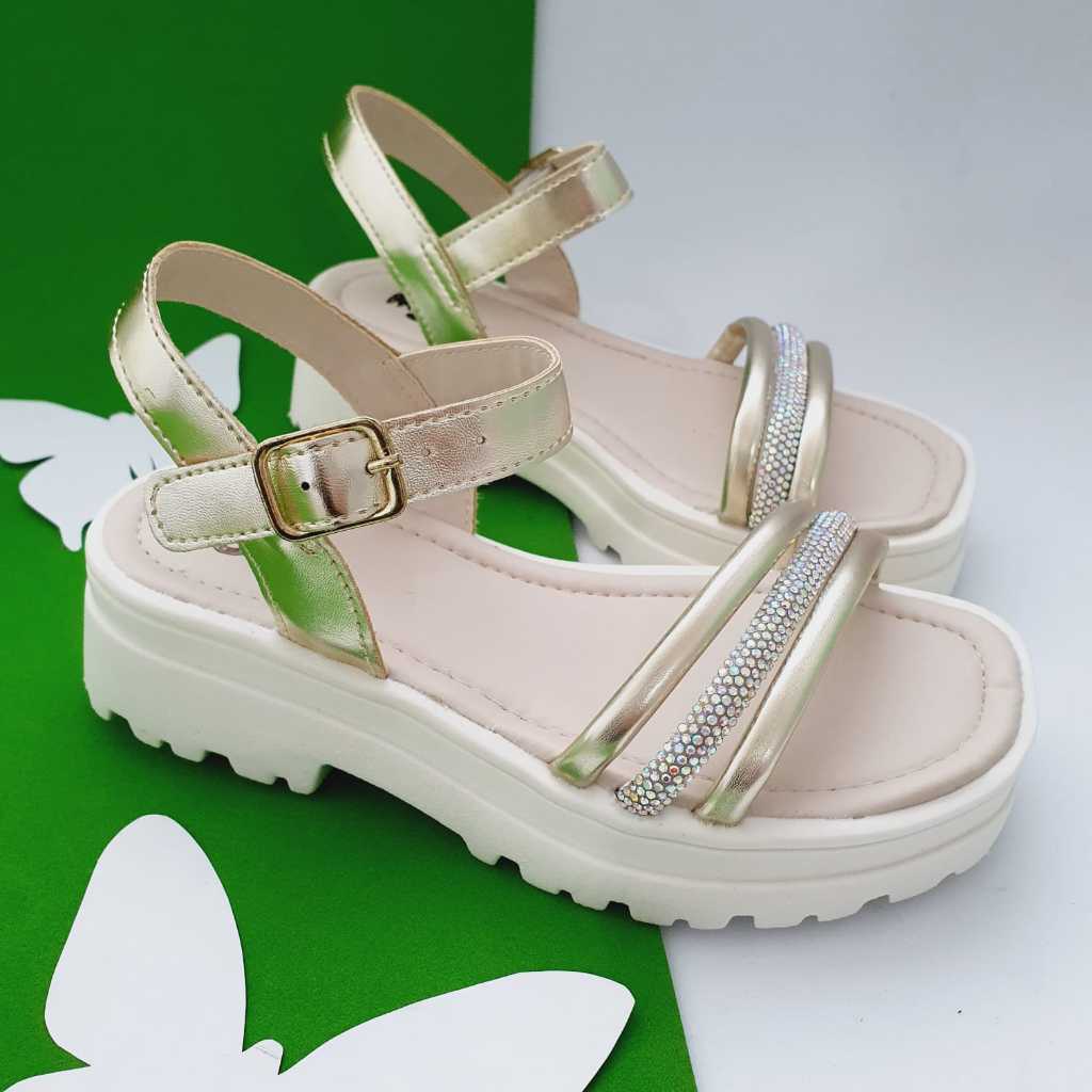 Sandália Infantil Menina Tratorada 3 Tiras Strass Feminina 28 ao 34