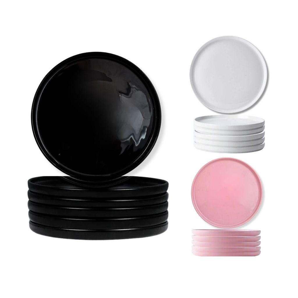 Jogo De Pratos Artesanal 6 Pcs Cerâmica Resistente Colorido Rosa Preto Branco Mesa Posta Presente Casamento Luxuoso