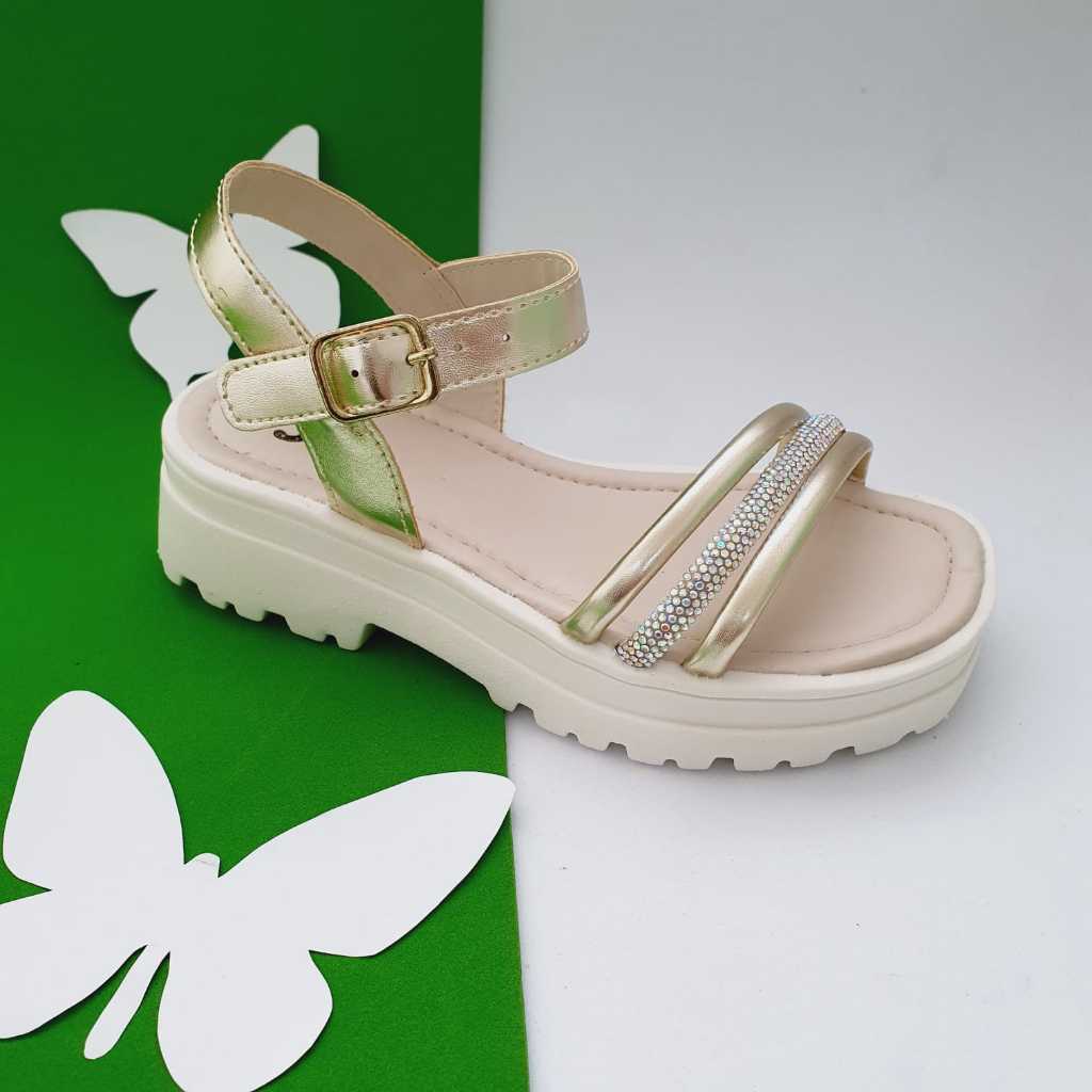 Sandália Infantil Menina Tratorada 3 Tiras Strass Feminina 28 ao 34