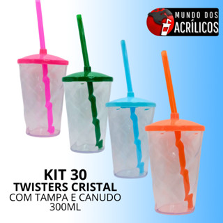 KIT 30 COPOS TWISTER CRISTAL 300ML COM TAMPA E CANUDO COLORIDOS
