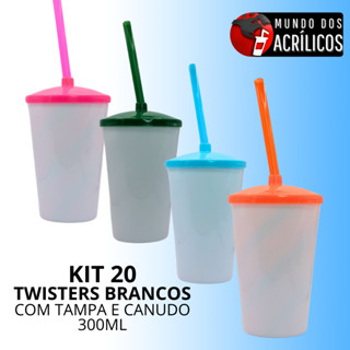 KIT 20 COPOS TWISTER BRANCO 300ML COM TAMPA E CANUDO COLORIDOS