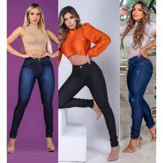 kit 3 calças jeans feminina com lycra cintura alta empina bumbum