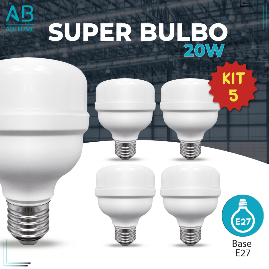 Kit 5 Super Bulbo Lâmpadas Led 20w E27 Alta Potência Luz Branca 6500k Bivolt 110-220V - Home & Living