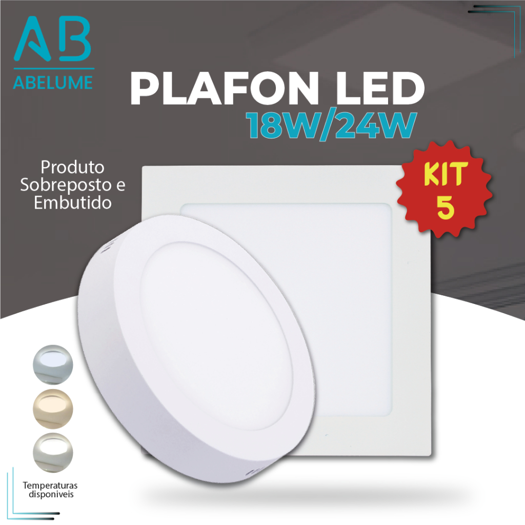 Kit 5 Luminária Painel Plafon Led Alumínio Embutido | Sobrepor |  18W~24W | Branco Frio | Branco Quente em Oferta na Shopee