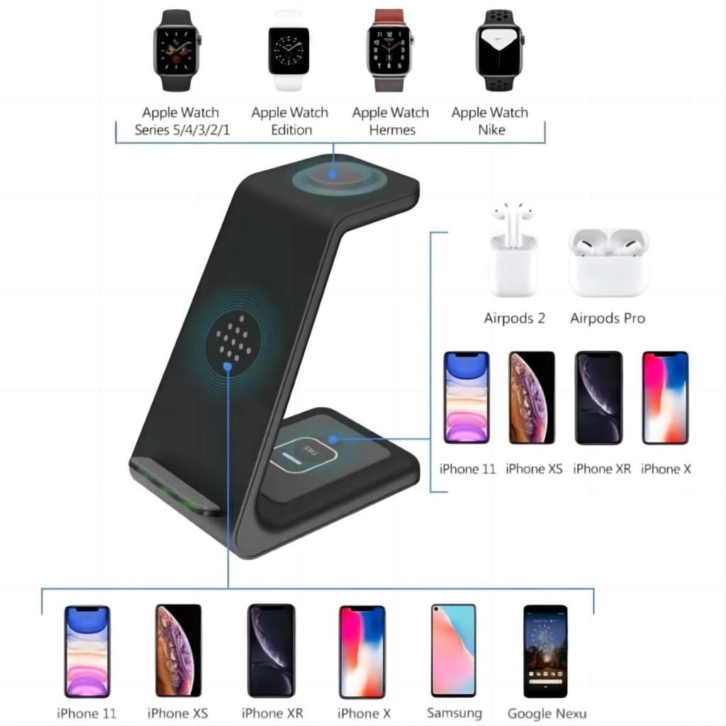 Carregador Sem Fio Indução 3 Em 1 Turbo 20w Para iPhone Cor Preto