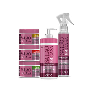 EICO Kit Salão em Casa Cronograma 3 Máscaras Hidratação Nutrição e Reconstrução Creme De Pentear 600ml e Spray Protetor Térmico 120ml
