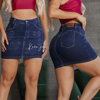 Saia Jeans Feminina Curta com Lycra Cintura Alta Empina Bumbum