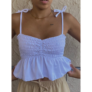 Cropped Lastex Bata Feminino Blusa Curta Peplum Babado Verão Alçinha Branco e preto