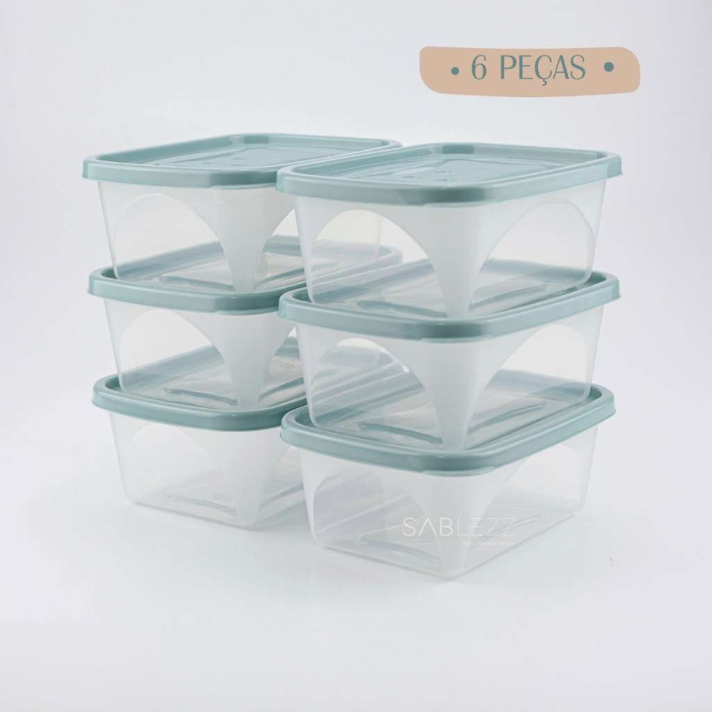 Kit de Pote 6 Peças Transparente Com Tampa Colorida Marmita Micro-ondas Freezer Congelador Fitness 750ML