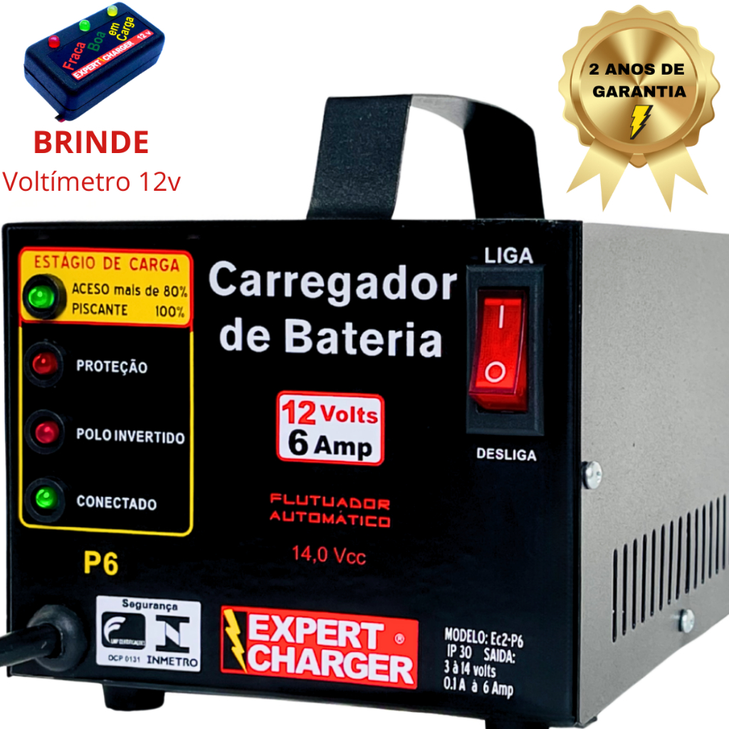 Carregador de Baterias automotivo 12volts - Acessório para moto, carro + Voltímetro de Brinde