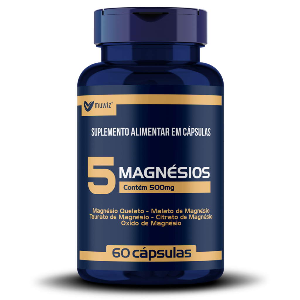 5 Magnésios Muwiz 60 Cápsulas 500mg (Quelato + Malato + Taurato + Citrato + Oxido de Magnésio)