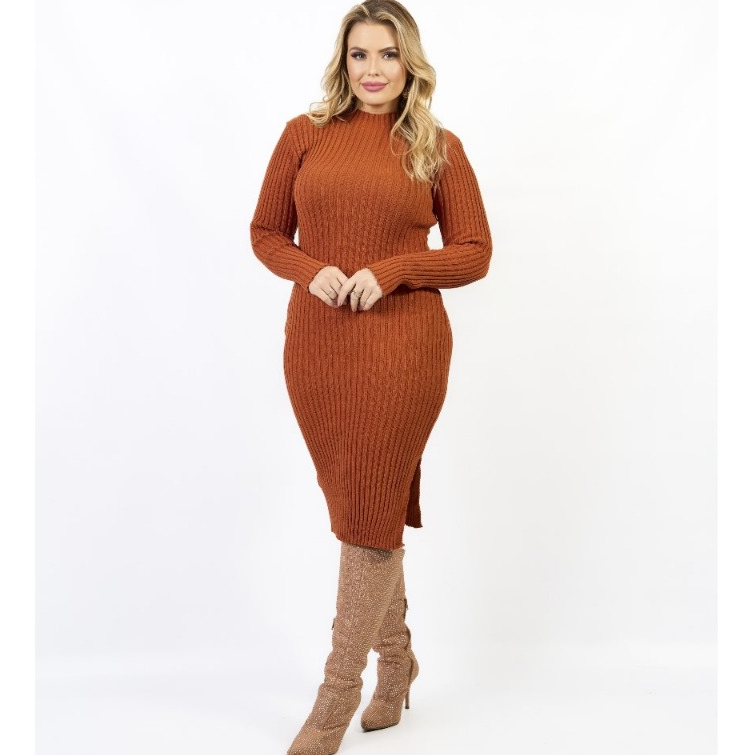 Vestido Midi Modal Básico Moda Tricô Tricot Manga Longa com Fenda Lateral