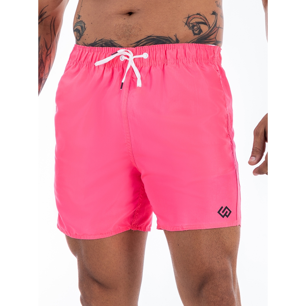 Short Praia Tactel Rosa Pink Neon Liso Masculino Premium Moda Verão Shortinho Piscina Fluorescente