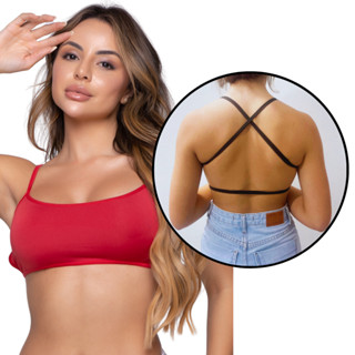 Top Fitness Alça Cruzada Cropped Alcinha Faixa Costa Nua Moda Gringa Blogueira