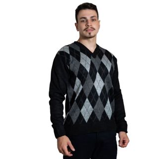 Blusa Suéter de Frio Manga Longa Masculina Suéter Masculino Gola V Escocesa