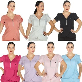 Blusa Scrub Feminino Transpassada Com Manga Curta Várias Cores Uniforme Secretária Esteticista Casual Clínica Profissional