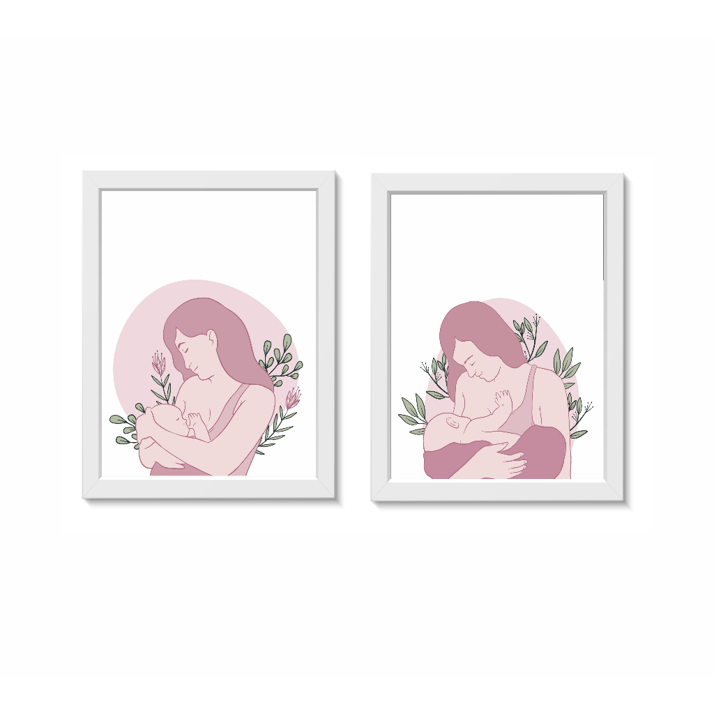 Kit 2 Quadros Decorativos Amamentação Aleitamento Materno Pediatría Medicina Molduras 20x30cm Madeira Vidro Cor Brancas
