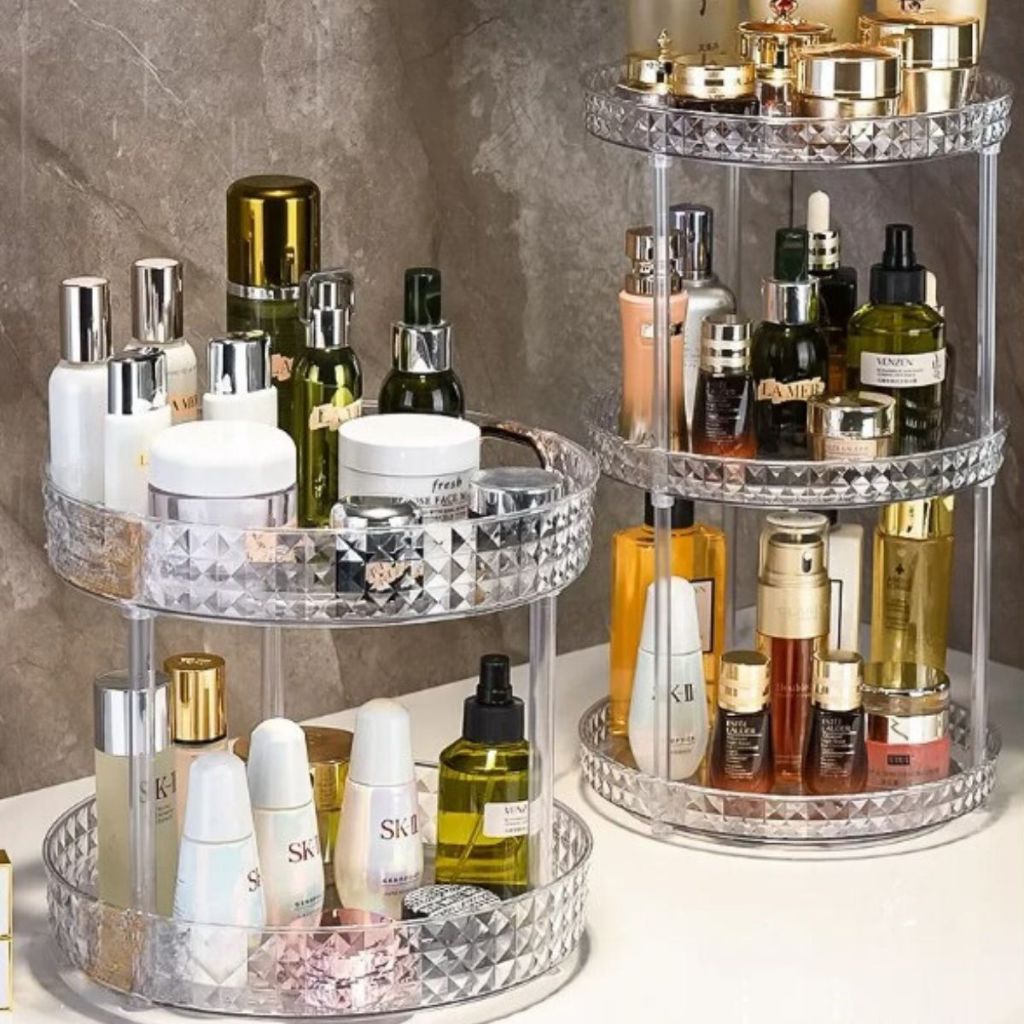 Organizador de Maquiagem Cosméticos Giratório 360º Suporte Para Cosméticos Acrílico 3 Bandeja Perfume Maquiagem Multiuso para Banheiro Sala Quarto Cozinha