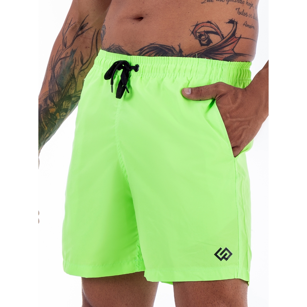 Short Praia Tactel Verde Neon Slim Basico Masculino Fluorescente Colorido Liso Short Premium