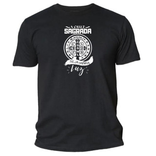 Camiseta masculina basica algodão catolica estampada são Bento a cruz sagrada seja minha luz