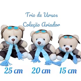 Trio Ursinhos De Pelúcia Para Nicho Decoração Bebê Quarto Festa Coleção Urso Aviador