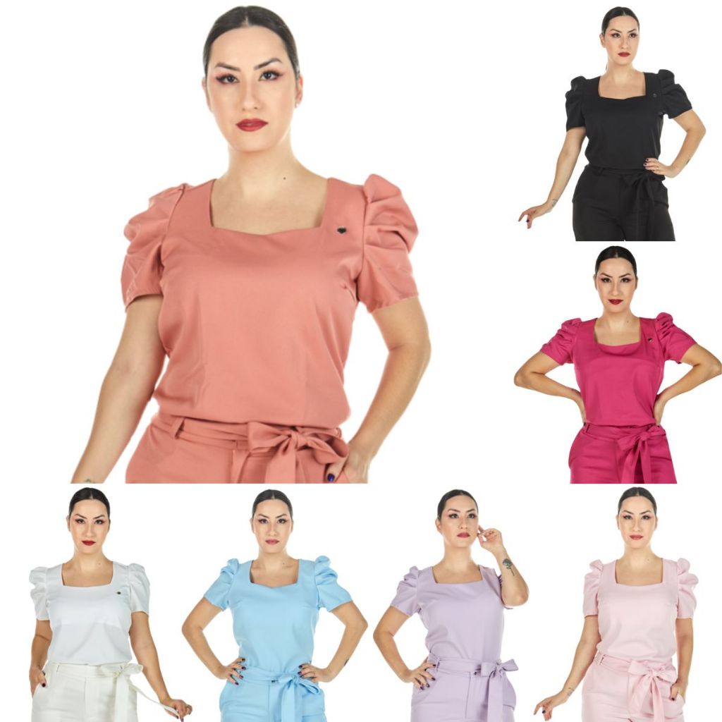 Blusa Scrub Feminina Manga Bufante Princesa Várias Cores Uniforme Casual
