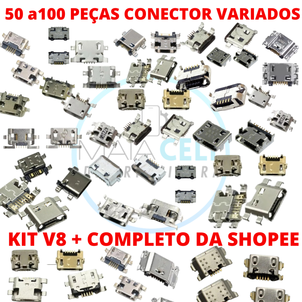 kit lote 100 ou 50 peças conector carga v8  manutenção celular modelos variados