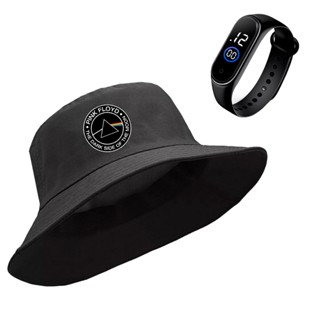 Kit Bone Chapeu Bucket Hat Pink Floyd Rock Musics + Relogio Smart Watch Digital Esportivo